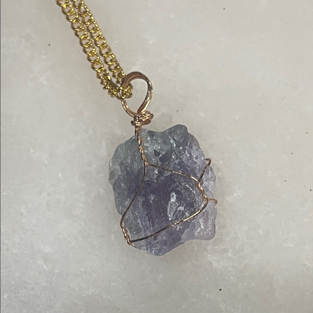 Fluorite Stone Gold Copper Wire-Wrapped Necklace